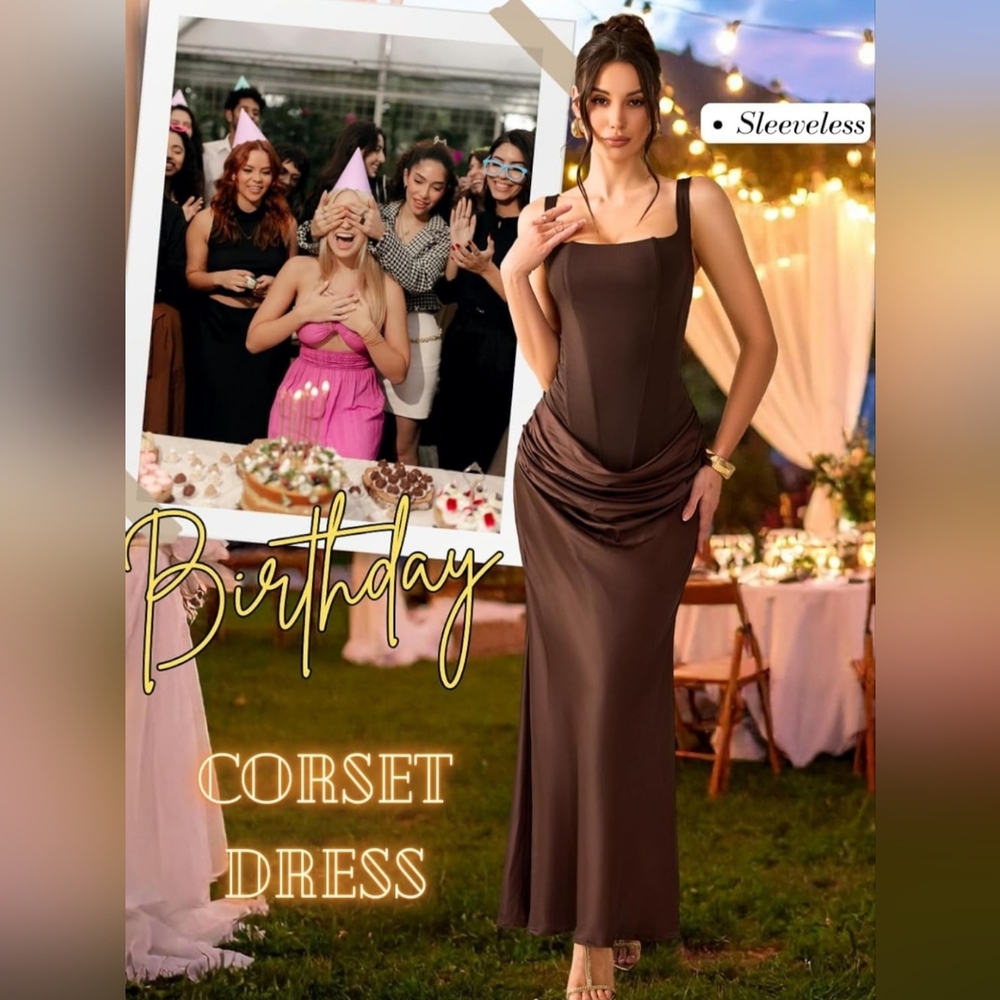 Elegant Brown Satin Lace-Up Dress - Picture 5 of 7